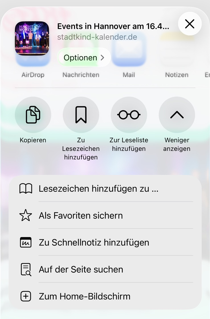 iOS Teilen-Menü mit dem Eintrag »Zum Home-Bildschirm«