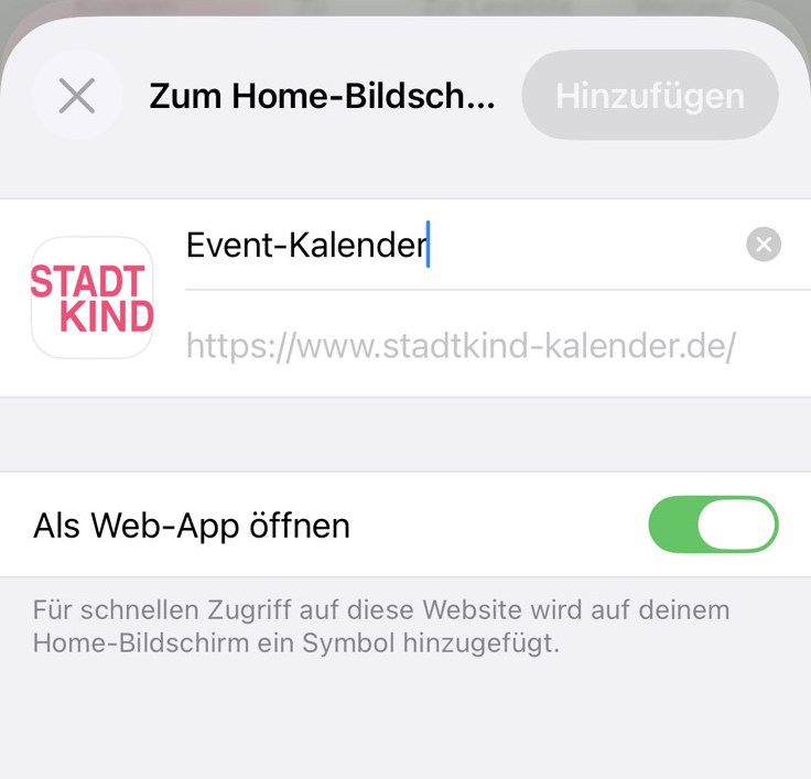 iOS Dialog »Zum Home-Bildschirm« mit dem Button »Hinzufügen« oben rechts